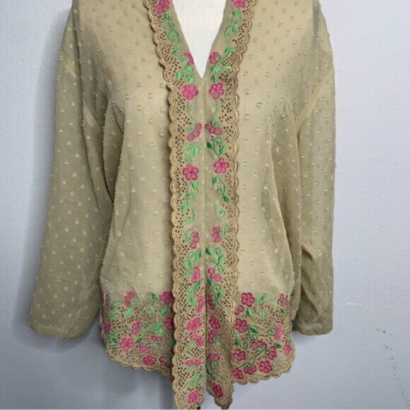 Lauren Ralph Lauren Embroidered Floral Lace Trim Sheer Blouse - Picture 10 of 13